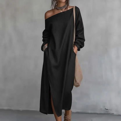 Cardydony Women's Casual Solid Color One-shoulder Cotton Linen Maxi Dress