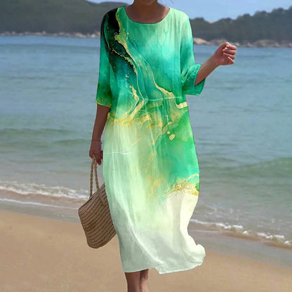 Cardydony Women's Marble Watercolor Art Pattern Linen Blend Loose Three-quarter Sleeve Dress