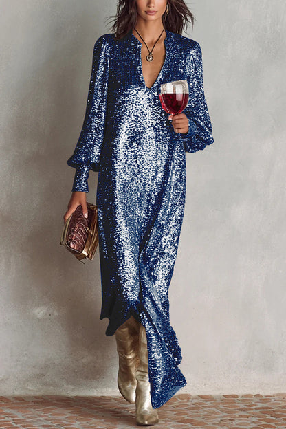 Cardydony Women's Minimalist Sparkling Sequin V-neck Long Balloon Sleeve Slit Party Maxi Dress