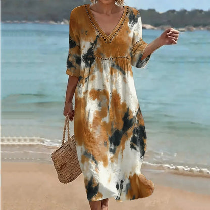 Cardydony Women's Watercolor Art Linen Blend Loose Three-quarter Sleeve V Neck Dress