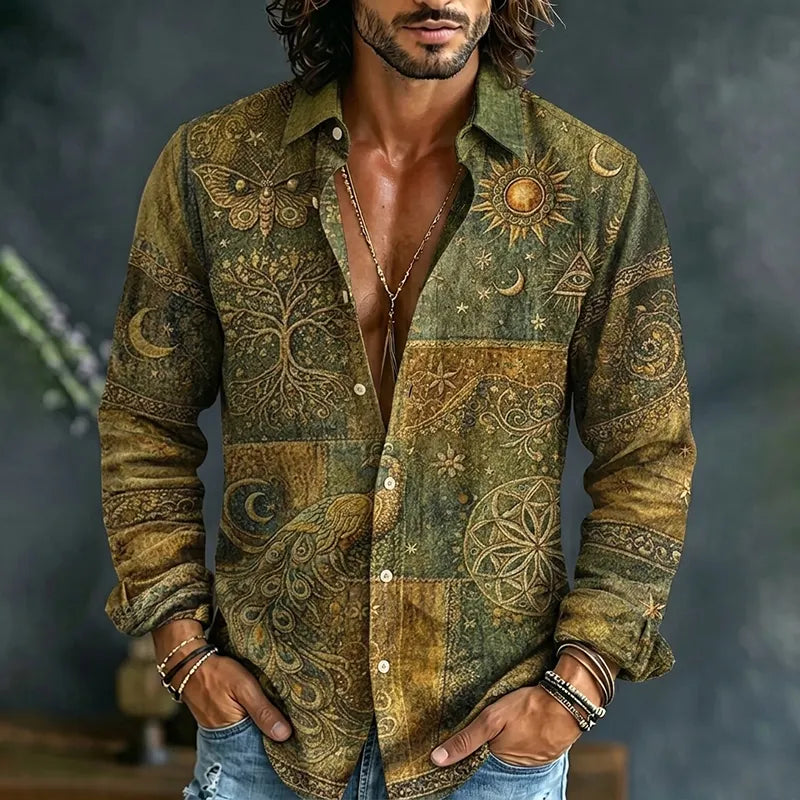 Cardydony Men's Mystical Hippie Style Peacock Sun And Moon Art Print Long Sleeve Shirt