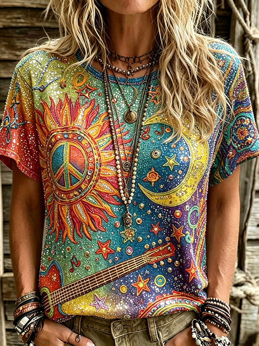 Cardydony Women's Retro Hippie Style Peace Symbol Moon Guitar Print T-shirt