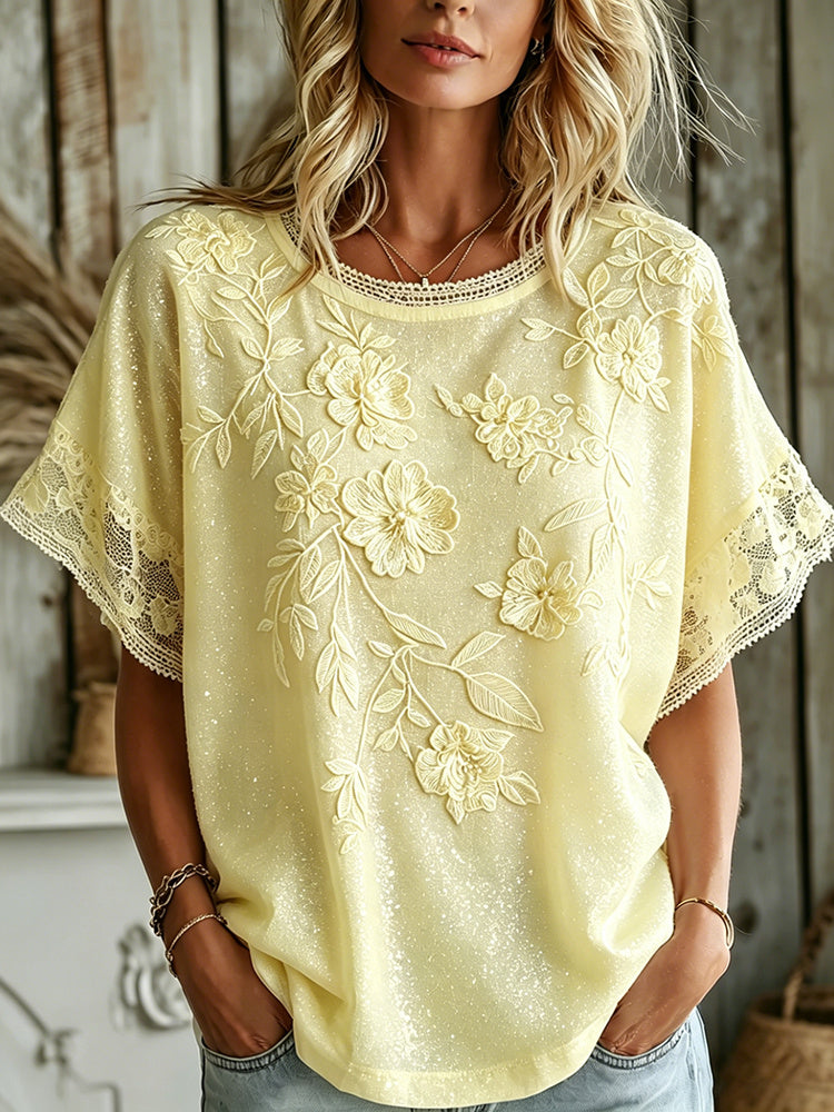 Cardydony Women's Vintage Summer Romantic Yellow Rose Art Linen Blend Short Sleeve Tops