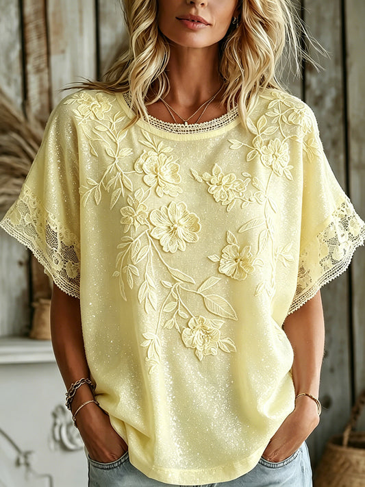 Cardydony Women's Vintage Summer Romantic Yellow Rose Art Linen Blend Short Sleeve Tops