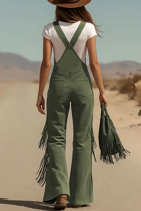 Cardydony Women's Stylish Suede Tassel Button Pocket Casual Wide-leg Overalls