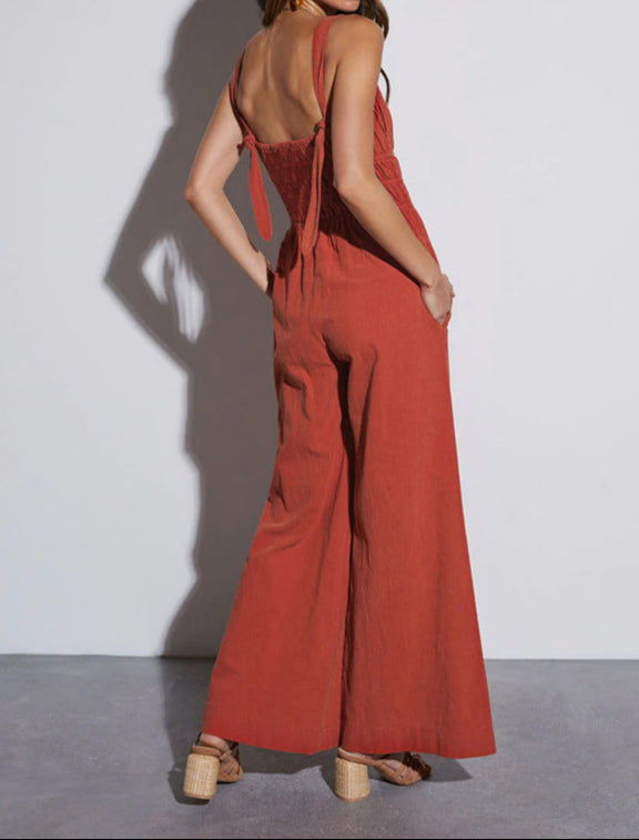 Cardydony Women's Smocked Wide Leg Jumpsuit | Sleeveless V-Neck Romper