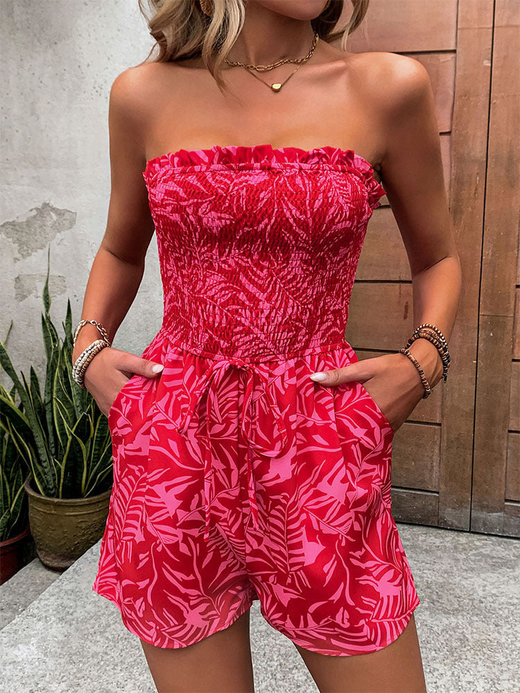 Cardydony Women's Strapless Smocked Romper | Tube Top Drawstring Jumpsuit