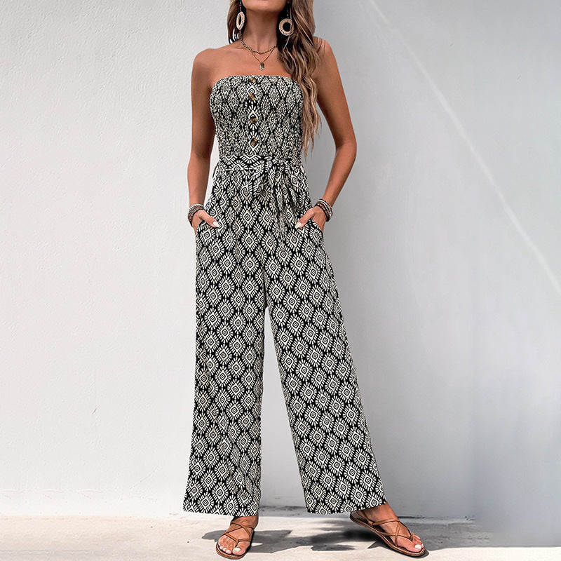 Cardydony Women's Strapless Wide-Leg Jumpsuit | Boho Smocked Summer Romper