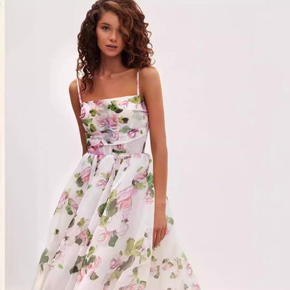 Cardydony Women's Romantic Floral Organza Midi Dress with Delicate Spaghetti Straps