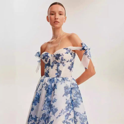 Cardydony Women's Chic Floral Organza Midi Dress with Delicate Bow Straps