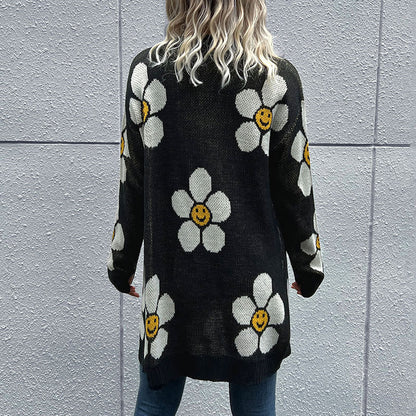 Cardydony Women's Floral Pattern Knit Cardigan with Smiley Faces