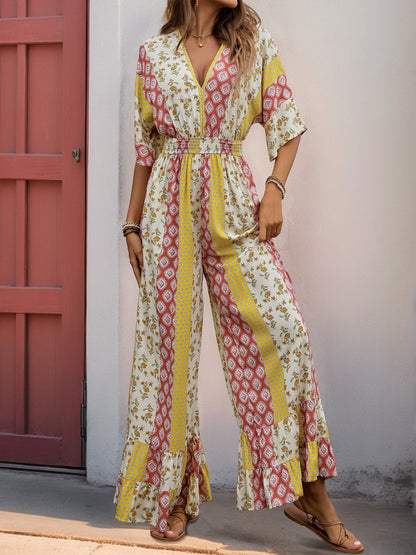 Cardydony Women's Boho Wide-Leg Jumpsuit | V-Neck Flowy One-Piece