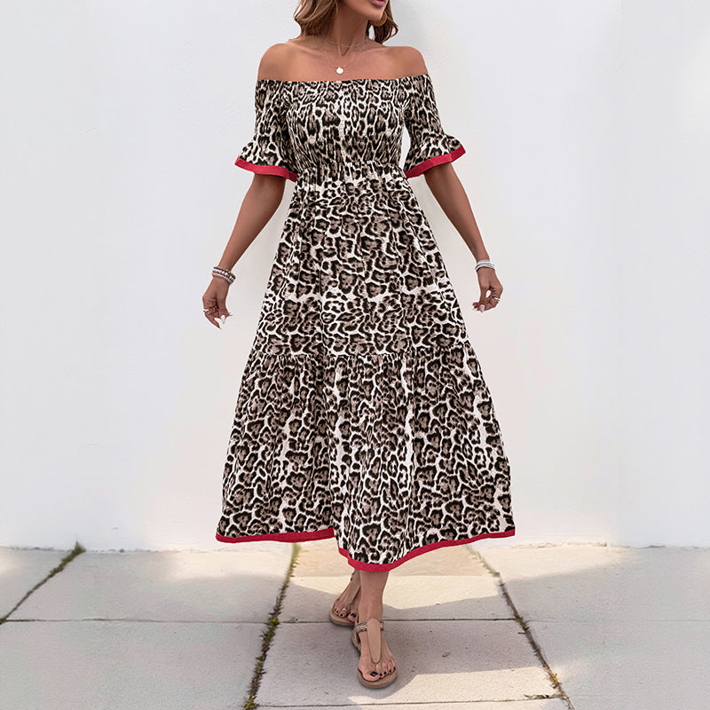 Cardydony Women's Leopard Print Off-Shoulder Maxi Dress | Smocked Boho Dress