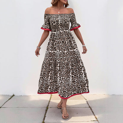 Cardydony Women's Leopard Print Off-Shoulder Maxi Dress | Smocked Boho Dress