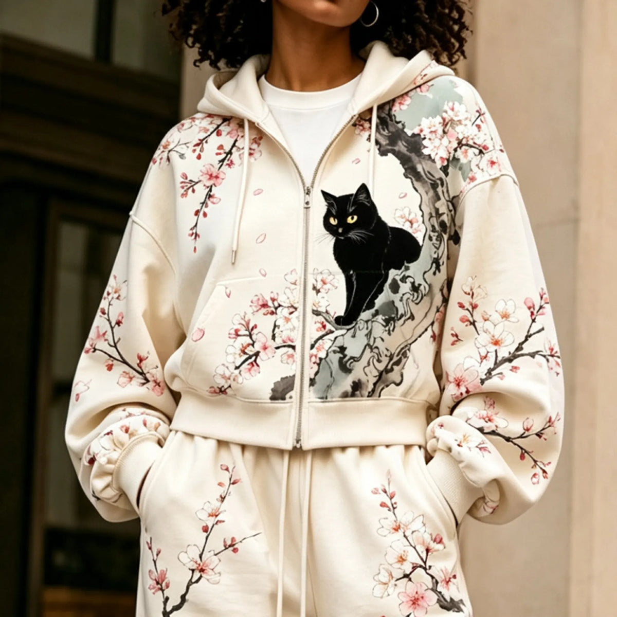 Cardydony Women's Japanese Cherry Blossom And Cat Art Print Casual Zip Up Hoodie Two Piece Set