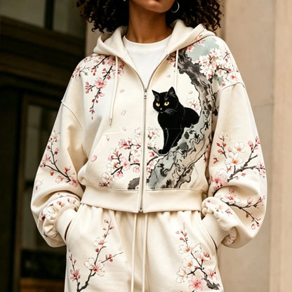 Cardydony Women's Japanese Cherry Blossom And Cat Art Print Casual Zip Up Hoodie Two Piece Set