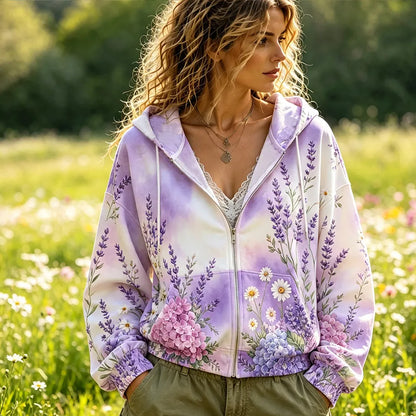 Cardydony Women's Lavender & Hydrangea Floral Zip-up Hoodie - Tie-dye Effect Drawstring Hooded Jacket