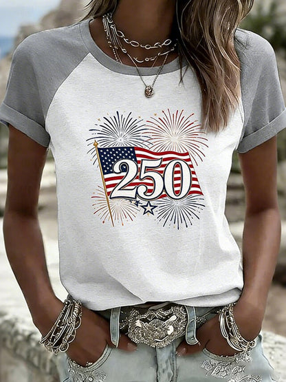 Cardydony Women's Casual American 250th Anniversary Patriotic Print Round Neck T Shirt