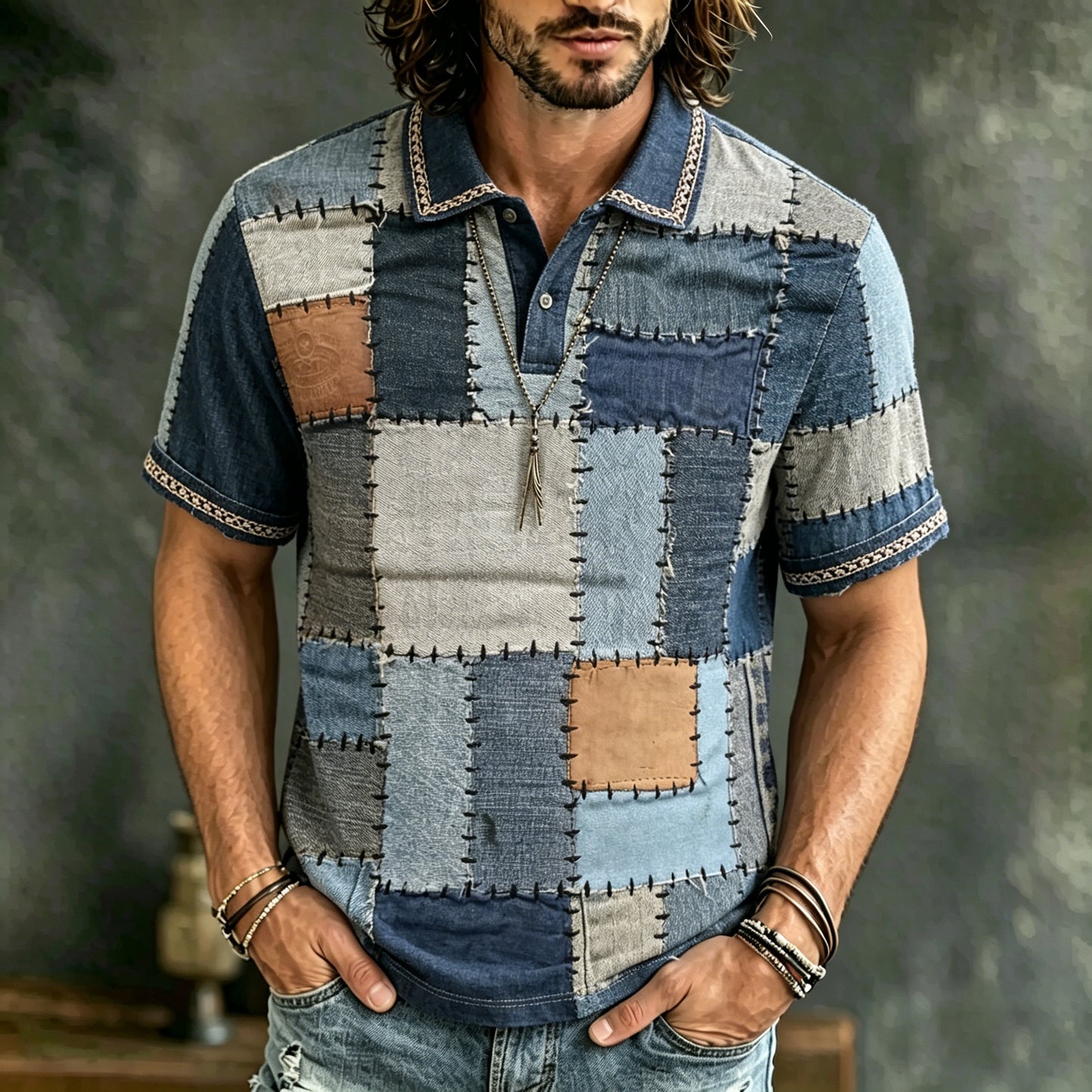 Cardydony Men's Vintage Spring Summer Patchwork Style Art Print Flowy Polo Shirt