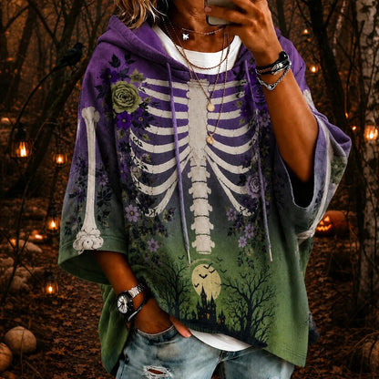 Cardydony Women's Halloween Skeleton & Rose Gradient Art Print Casual Hoodie