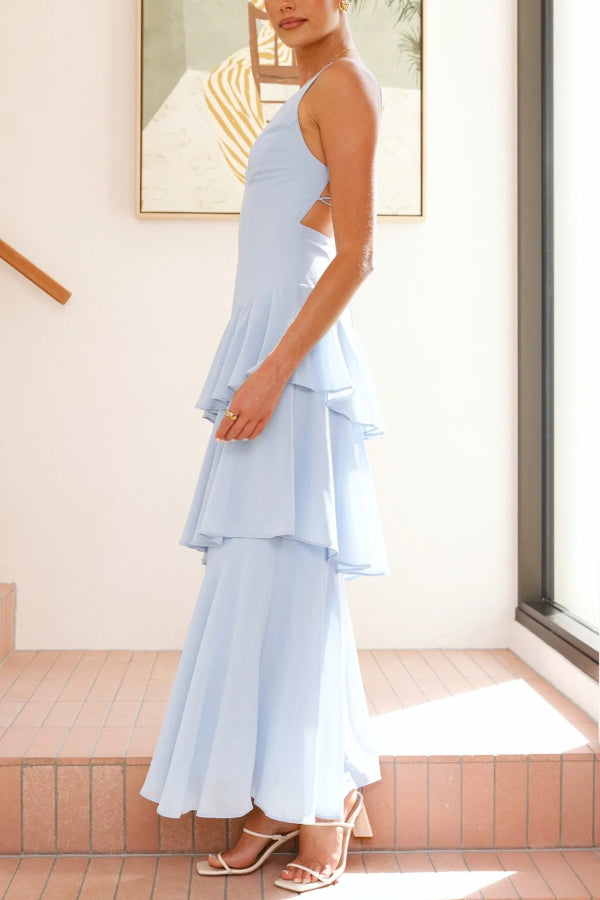 Cardydony Women's Solid Color V-neck Sleeveless Elegant Layered Maxi Dress