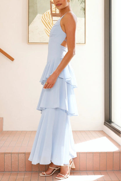 Cardydony Women's Solid Color V-neck Sleeveless Elegant Layered Maxi Dress