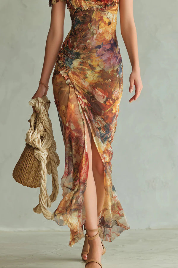 Cardydony Women's  Floral Print Short-sleeved Square Neck Ruffled Elegant Slit Maxi Dress