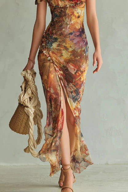 Cardydony Women's  Floral Print Short-sleeved Square Neck Ruffled Elegant Slit Maxi Dress