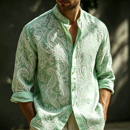 Cardydony Vintage Paisley Art Embroidered Mint Linen Blend Long Sleeve Shirt