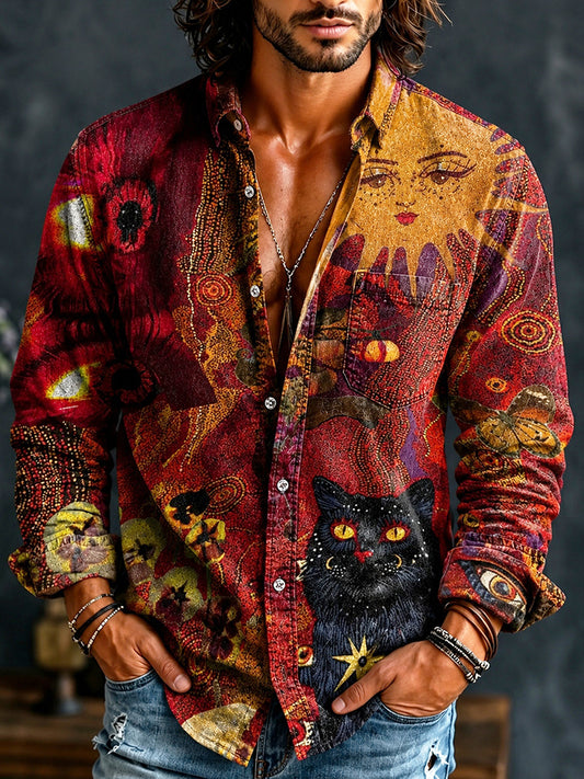 Cardydony Men's Hippie Vintage Abstract Colorful Cat And Sun Totem Art Print Linen Shirt