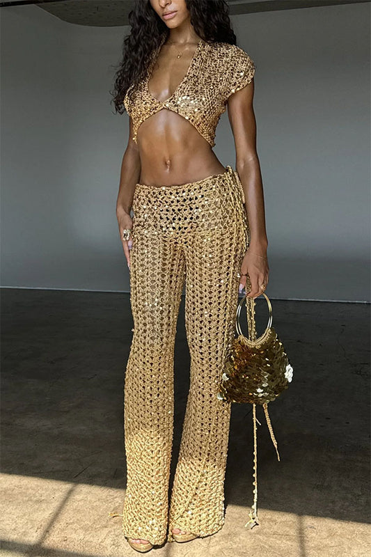 Cardydony Women's Gold Coast Knit Sequin Fabric Short Sleeve Crop Top and Adjustable Beaded Waist Loose Pants Set