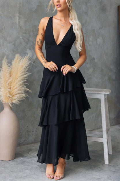 Cardydony Women's Solid Color V-neck Sleeveless Elegant Layered Maxi Dress