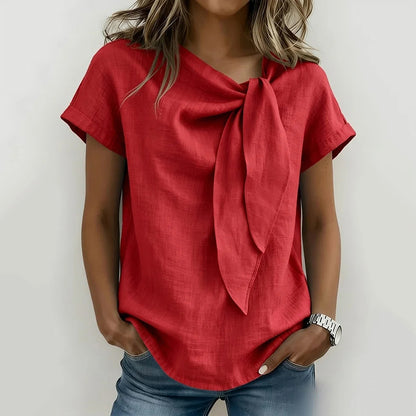 Cardydony Casual Short Sleeves Lace Up Linen T-shirt