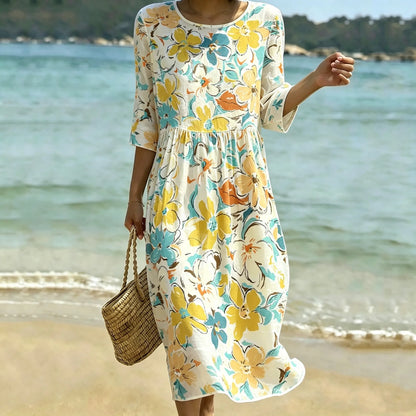 Cardydony Women's Bohemian Floral Print Cotton Linen Dress