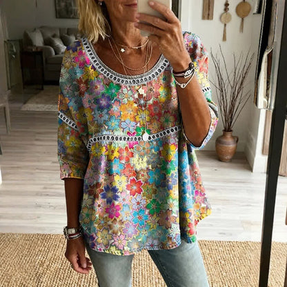 Cardydony Women's Retro Colorful Floral Pattern Cotton Linen Casual Crew Neck T-shirt