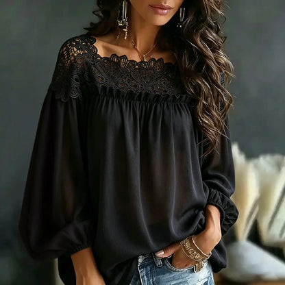 Cardydony Lace Off‑shoulder Boho Blouse Women Elegant Hollow‑out Long Sleeve Flowy Casual Tops