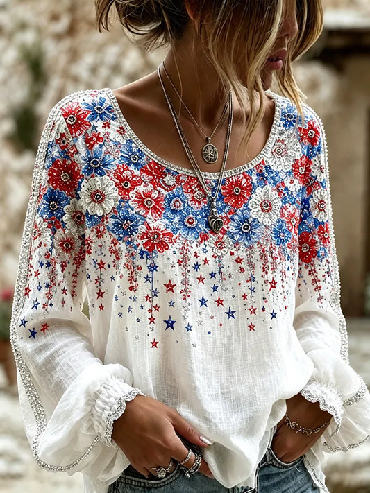 Cardydony Women's Retro Independence Day Red And Blue Floral Design Cotton And Linen Tops
