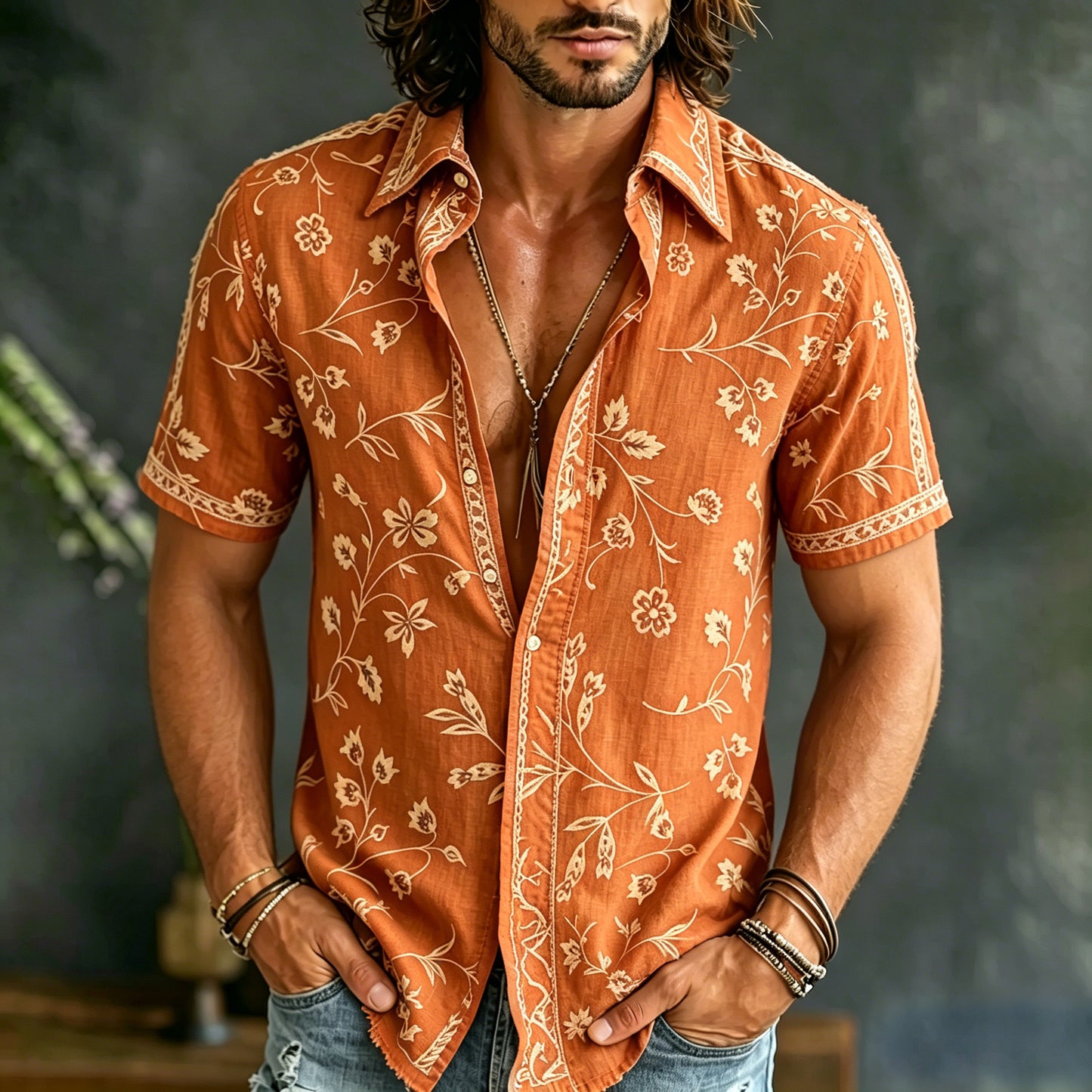 Cardydony Men's Spring Summer Floral Embroidered Art Print Flowy Linen Blend Short Sleeve Shirt