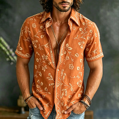 Cardydony Men's Spring Summer Floral Embroidered Art Print Flowy Linen Blend Short Sleeve Shirt