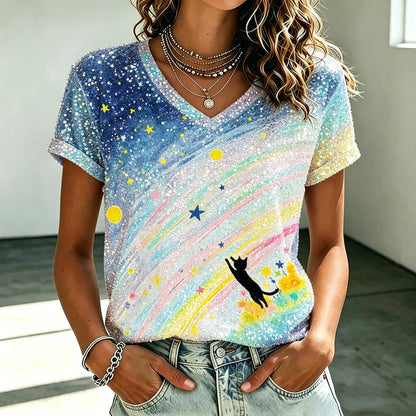 Cardydony Women's Cat And Starry Sky Sequin Print Short-sleeved Top