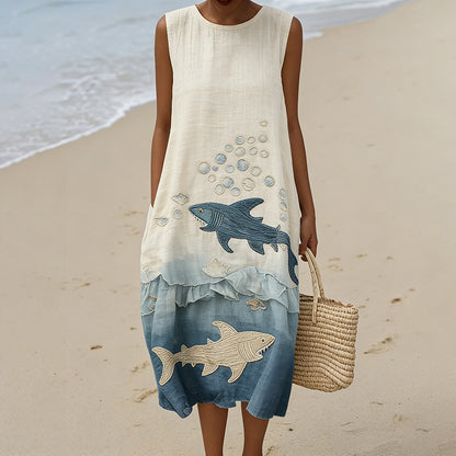 Cardydony Women's Vintage Shark Art Print Linen-blend Dress