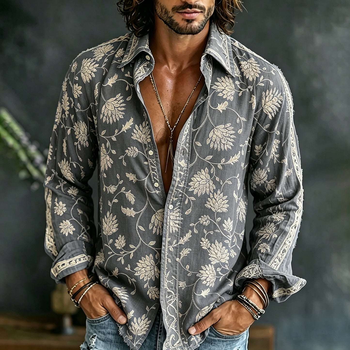Cardydony Men's Vintage Floral Embroidered Art Print Flowy Linen Blend Casual Shirt