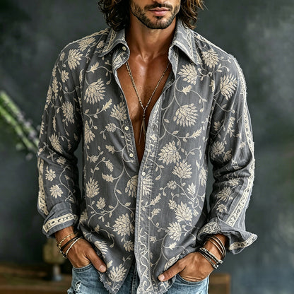 Cardydony Men's Vintage Floral Embroidered Art Print Flowy Linen Blend Casual Shirt