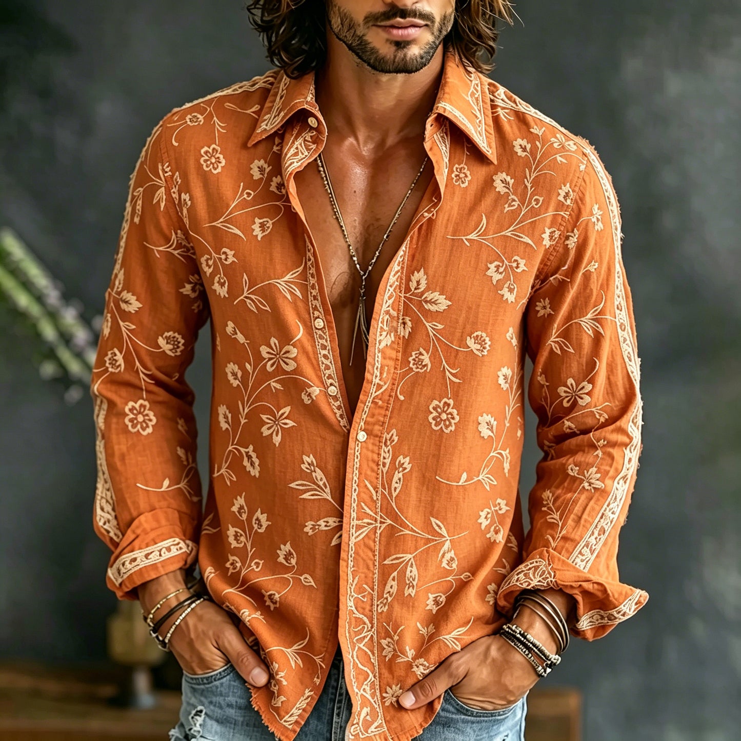 Cardydony Men's Vintage Spring Floral Embroidered Art Print Flowy Linen Blend Casual Shirt