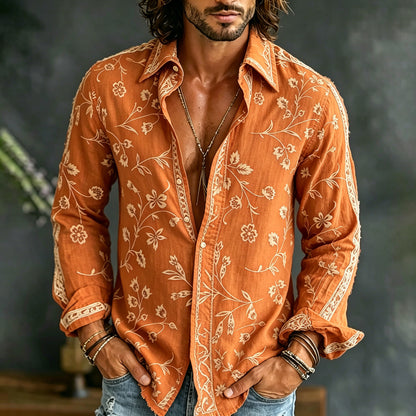 Cardydony Men's Vintage Spring Floral Embroidered Art Print Flowy Linen Blend Casual Shirt