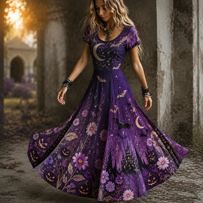 Cardydony Women's Gothic Purple Floral, Pumpkin, Moon And Haunted House Print Maxi Dress