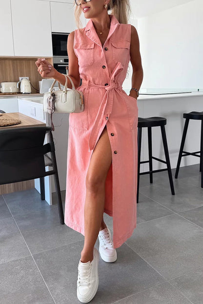 Cardydony Women's Solid Color Sleeveless Single Breasted Waist Tie Casual Pocket Denim Midi Dress