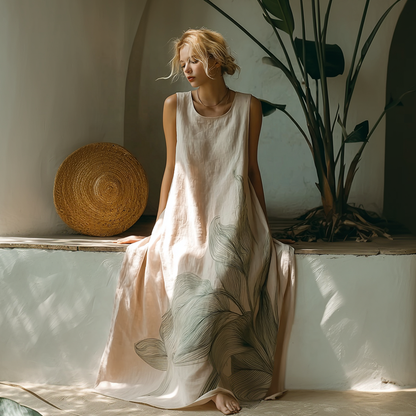 Cardydony Plant Pattern Design Casual Linen Dress