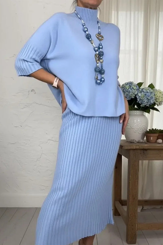 Cardydony Women's Solid Color Loose-fitting Turtleneck Knit Sweater and Stretchy Elegant Midi Skirt Set