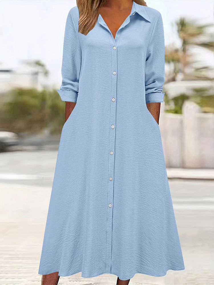 Cardydony Women's Retro Solid Color Collared Long-sleeved Pocket Shirt Dress